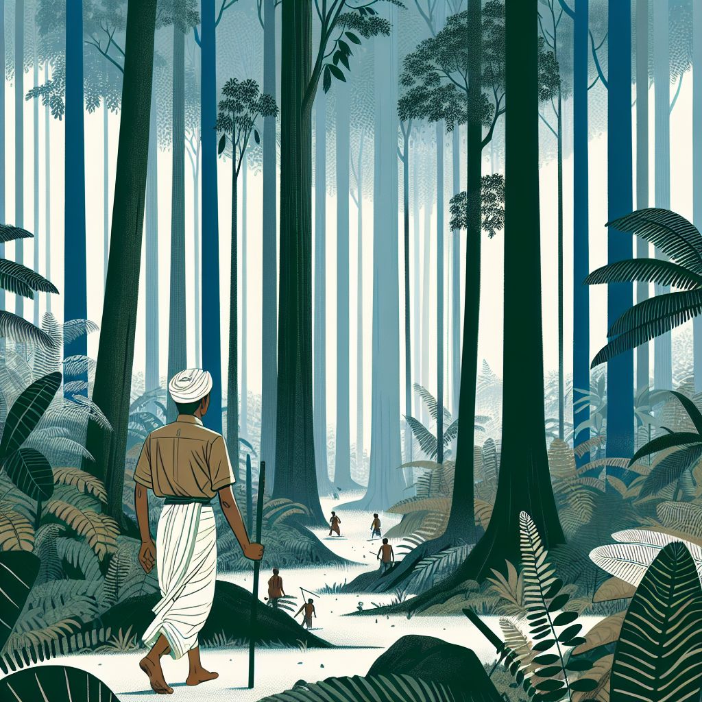 لعبة مغامرات في الغابة - صورة تظهر شخصية رئيسية تستكشف غابة كثيفة مع أشجار عالية
