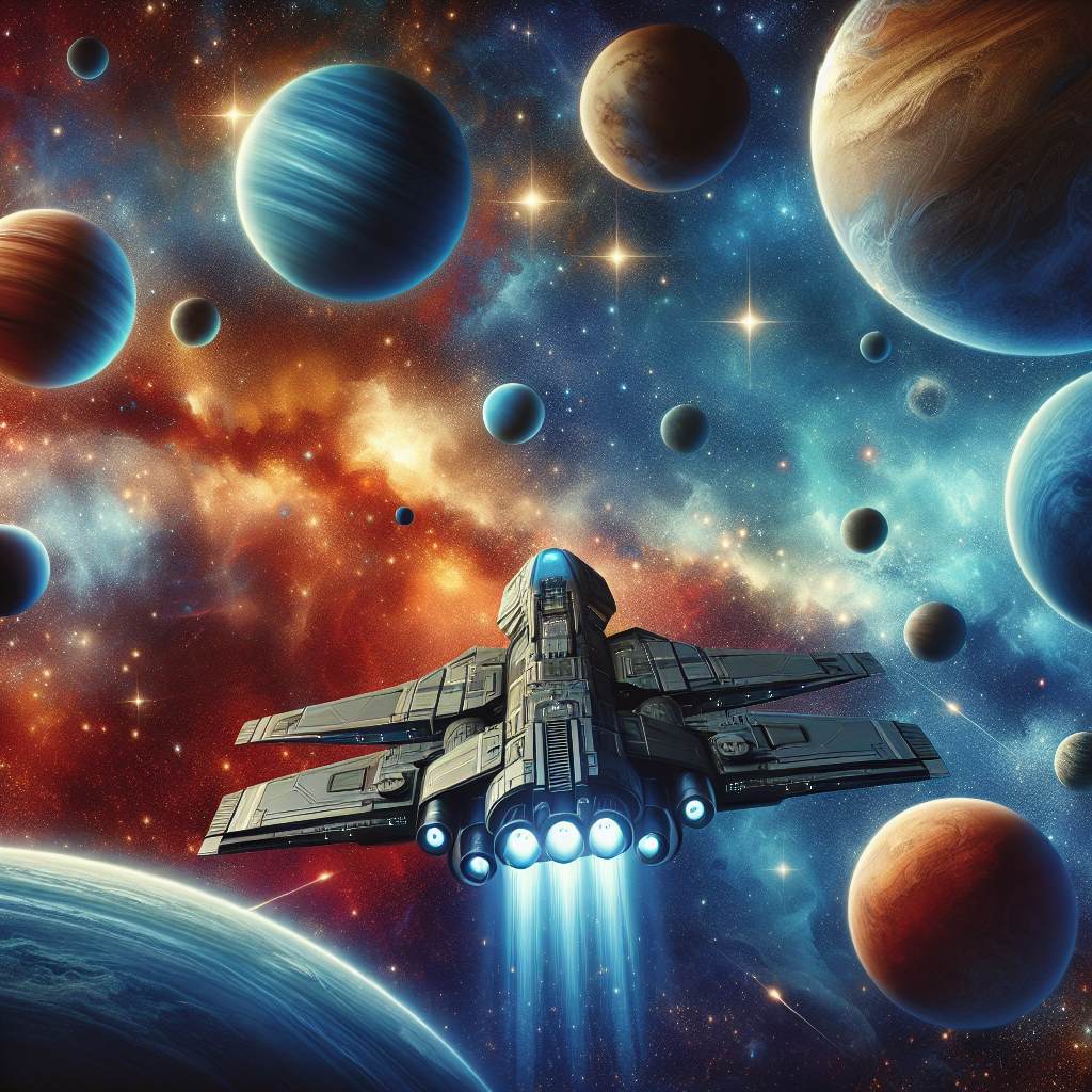 لعبة فضاء - صورة تظهر سفينة فضاء تطير بين الكواكب